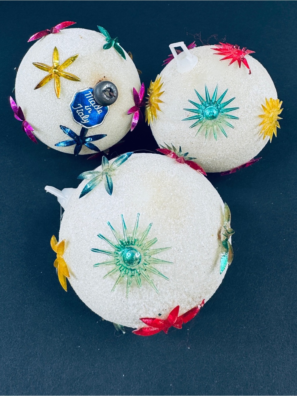 3 Unbreakable Made in Italy Christmas Ornaments Spheres White Retro Mid Century